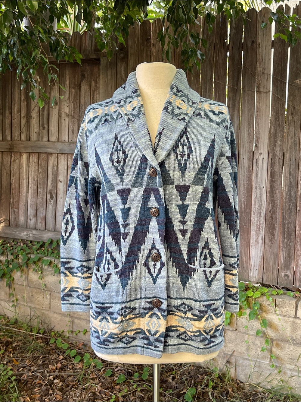 Polo Ralph Lauren Aztec Knit cardigan Sweater Blue beige Midwest western cowgirl